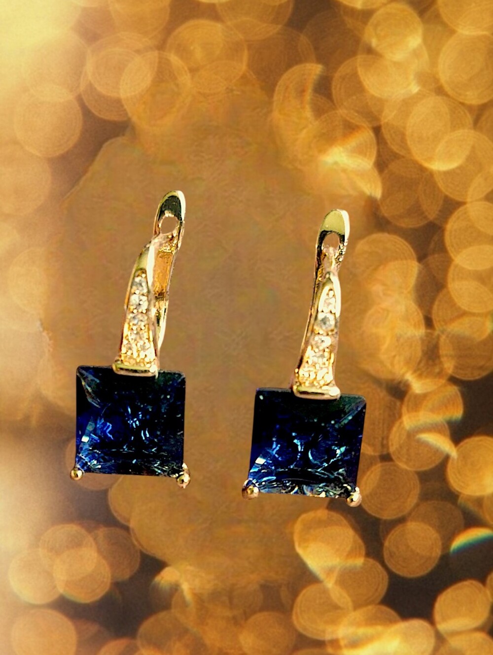 Gold-Tone Earrings with Deep Blue Square Crystal